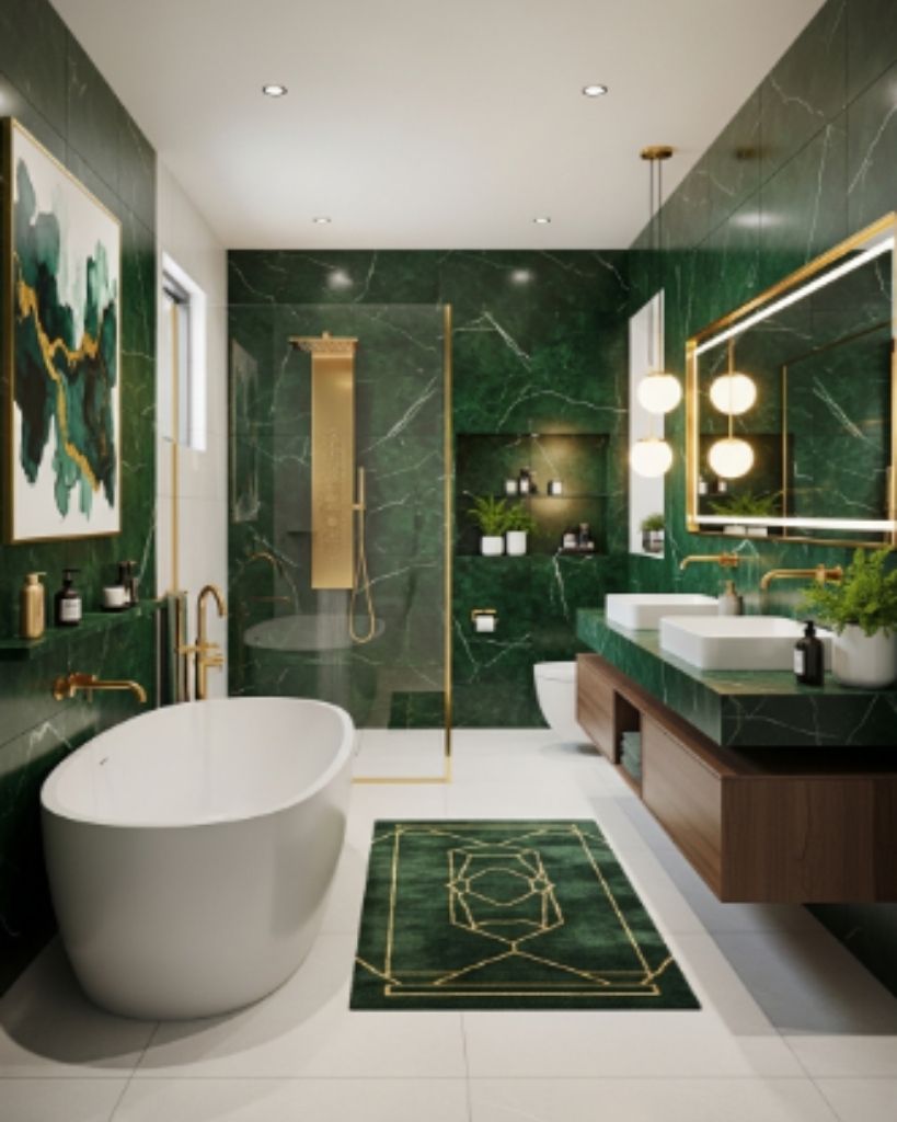 Modern Green and Gold Bathroom with Luxe Details