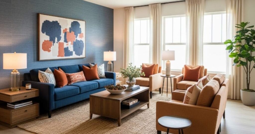 Modern Navy Blue and Burnt Orange Living Room with Warm Neutrals