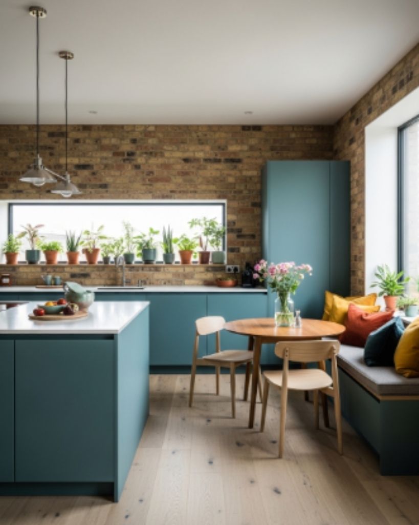 Modern Teal Kitchen with Brick and Warm Accent Seating