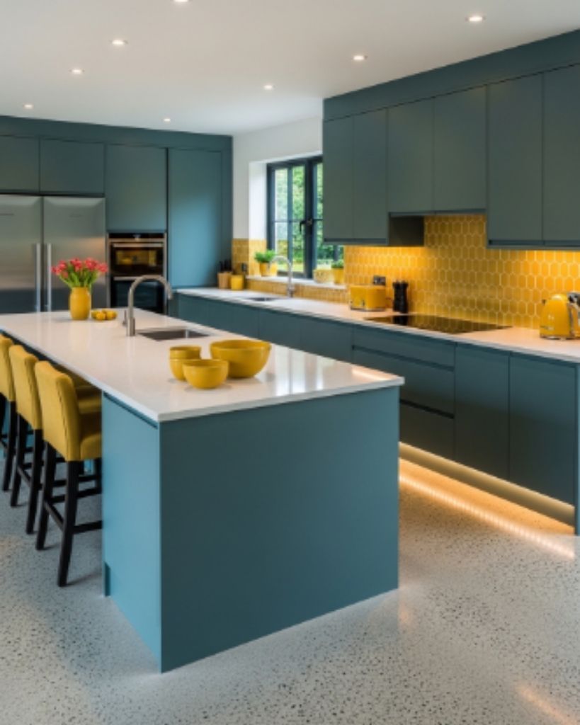 Modern Teal Kitchen with Warm Mustard Accents