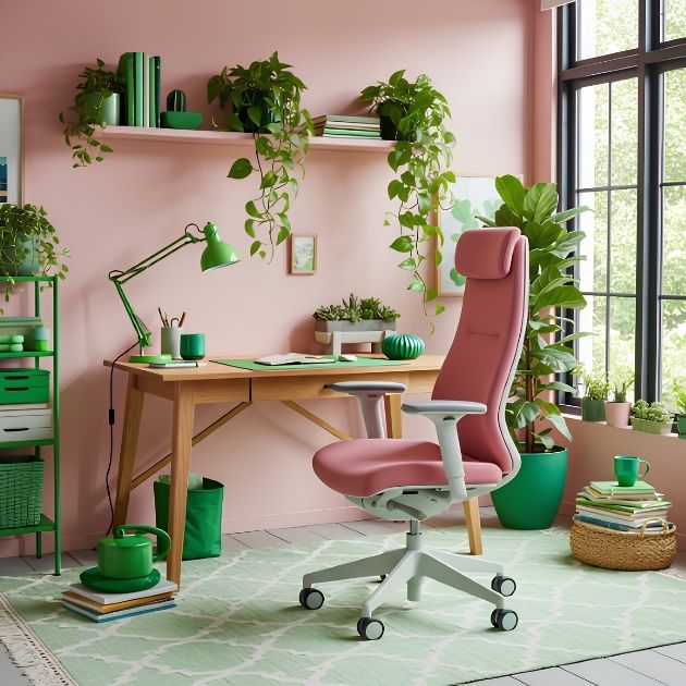 Natural Pink Home Office With Green Accents