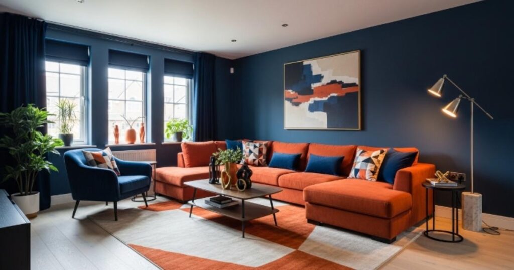 Navy Blue and Burnt Orange Living Room with Modern Contrast