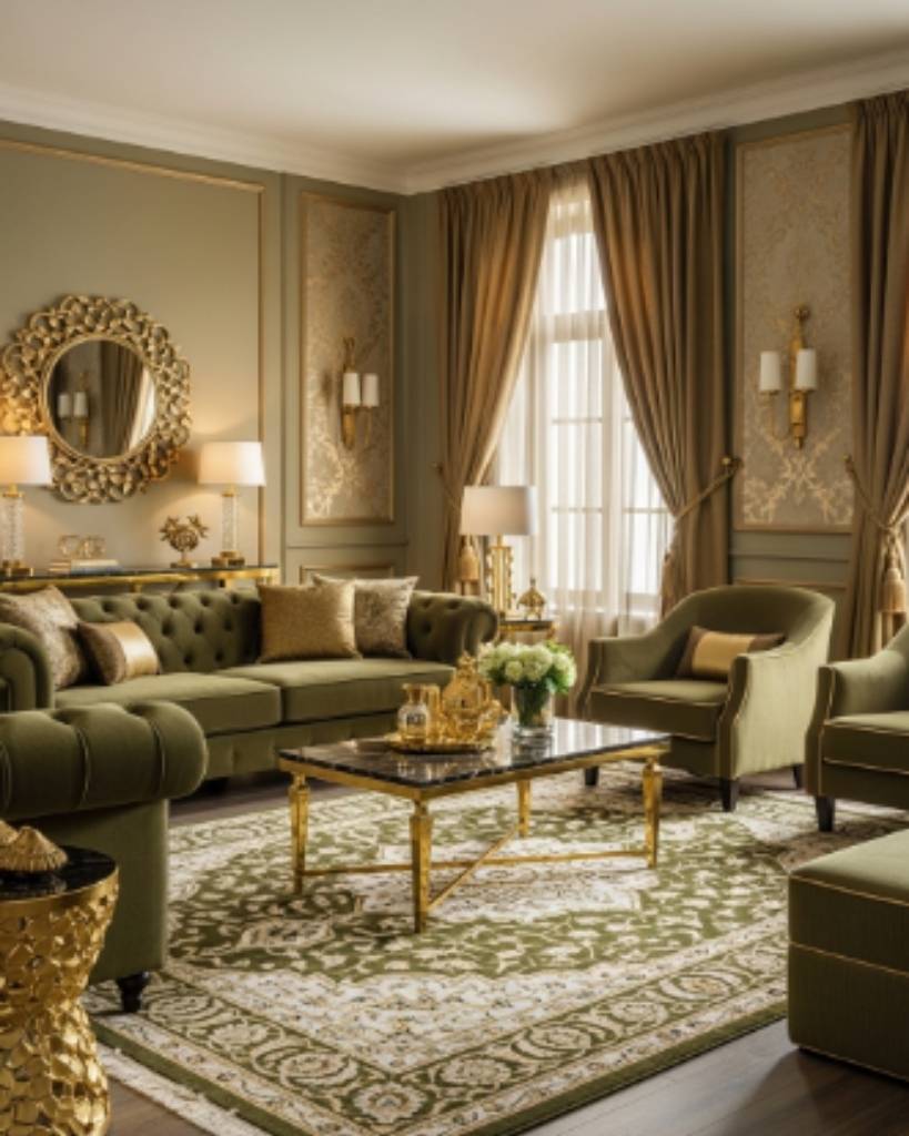 Refined Olive and Gold Living Room Design