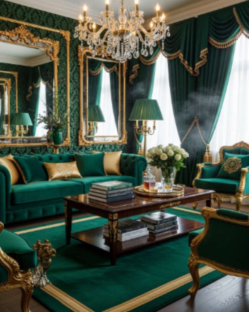 Rich Emerald and Gold Living Room Design