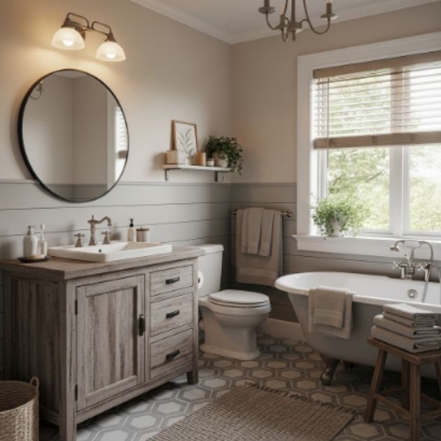 Soft Beige and Grey Farmhouse Bathroom