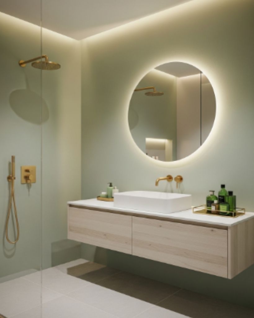 Soft Green and Gold Bathroom with Modern Simplicity