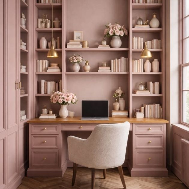 Soft Pink Home Office With Classic Charm