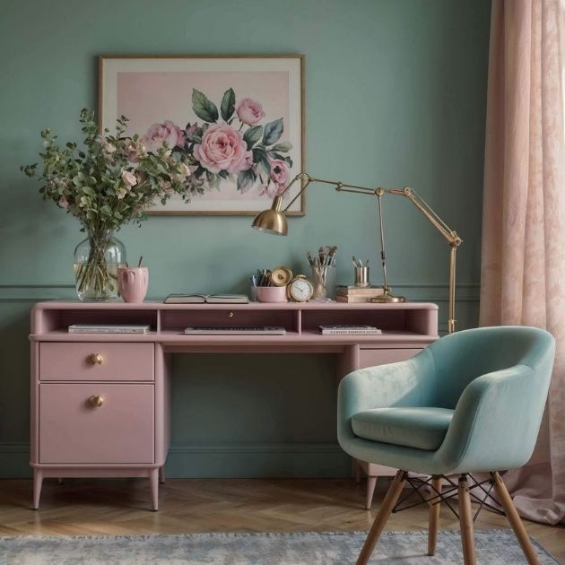 Soft Pink and Sage Green Home Office