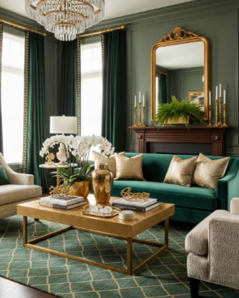Sophisticated Green and Gold Living Room Decor
