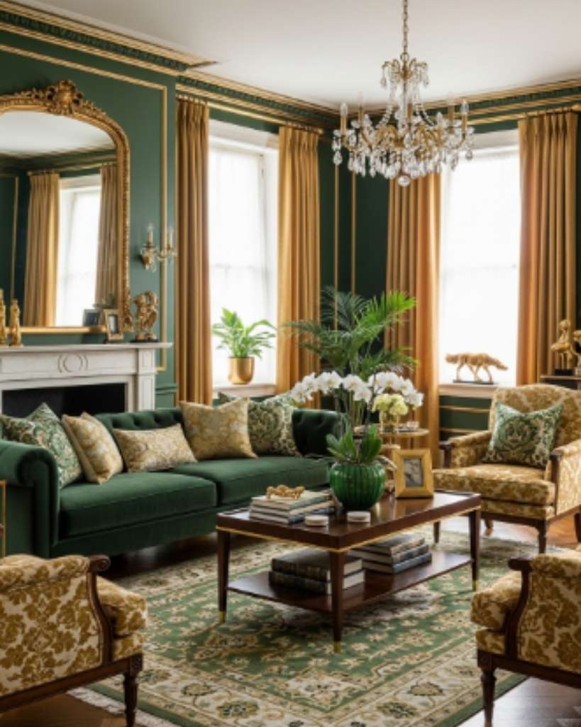 Sophisticated Green and Gold Living Room Design