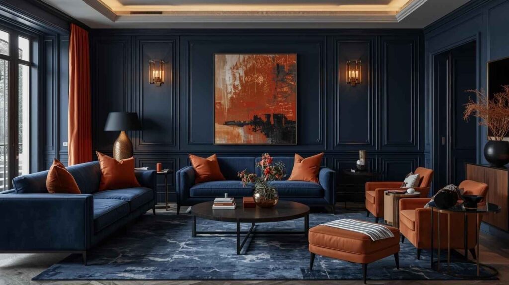 Sophisticated Navy Blue and Burnt Orange Living Room with Modern Elegance