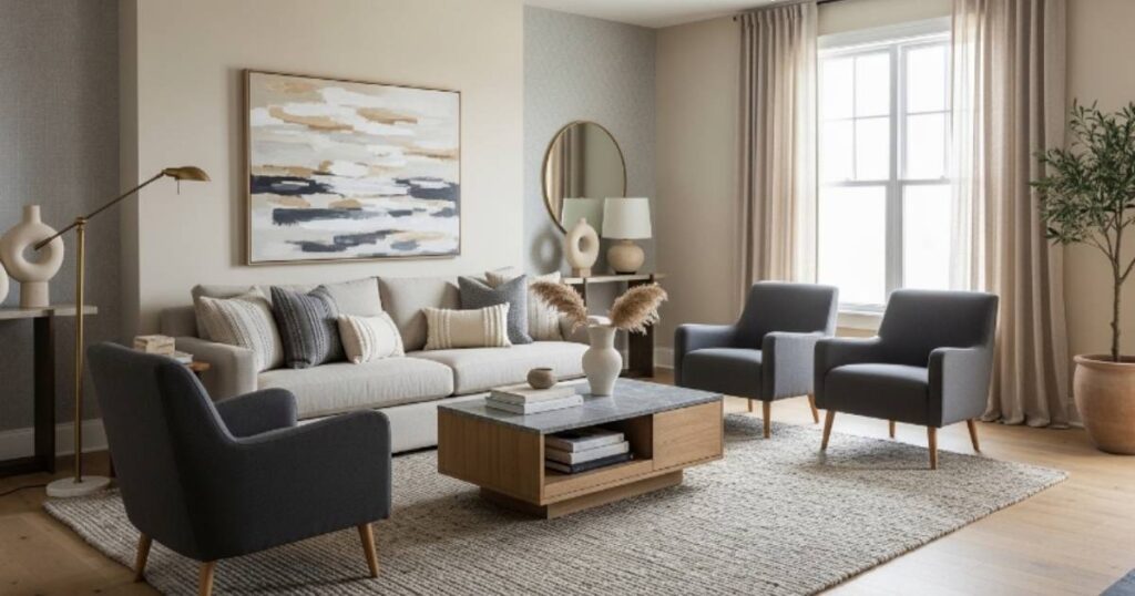 Stylish Beige and Grey Living Room With a Modern Classic Feel