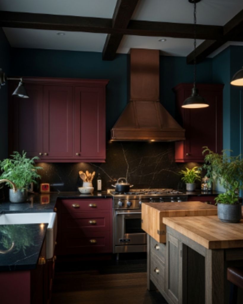 Teal Kitchen with Burgundy Cabinets and Moody Elegance