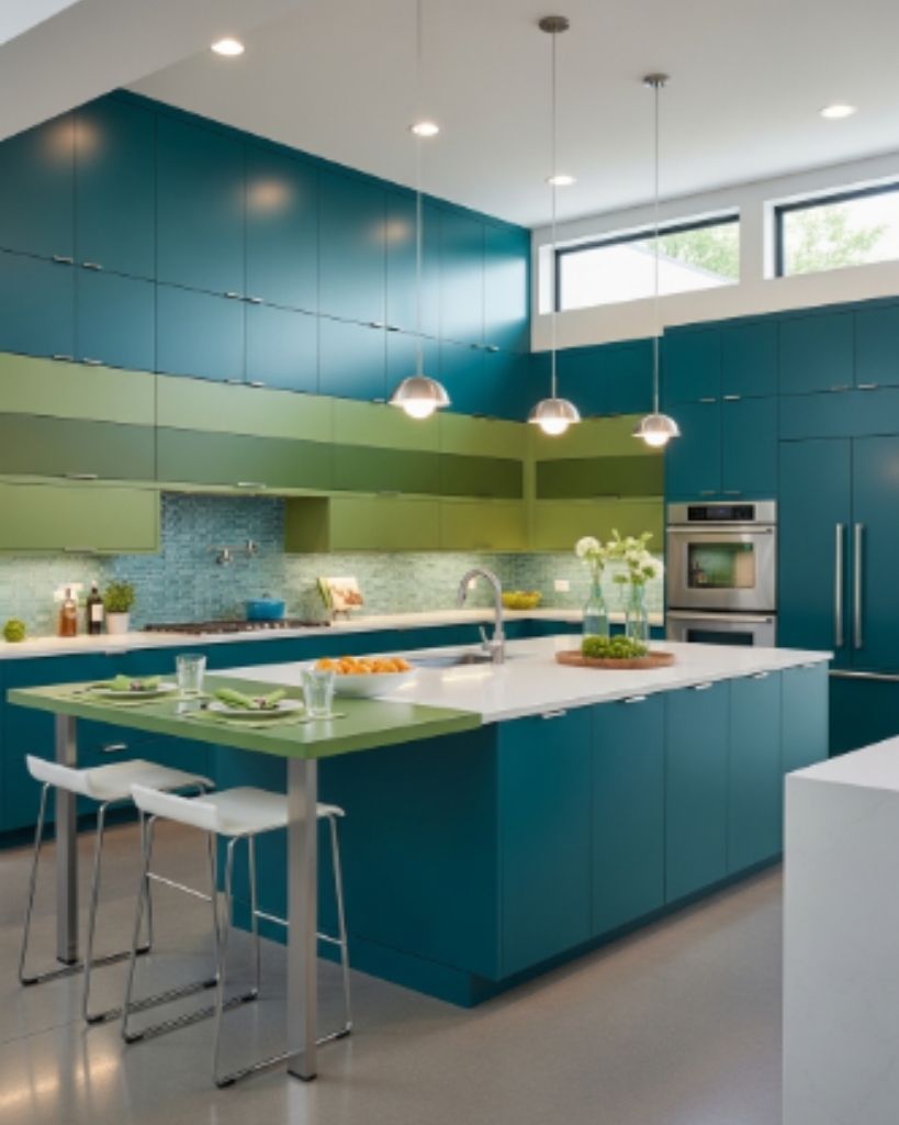Teal Kitchen with Green Layers and Modern Balance