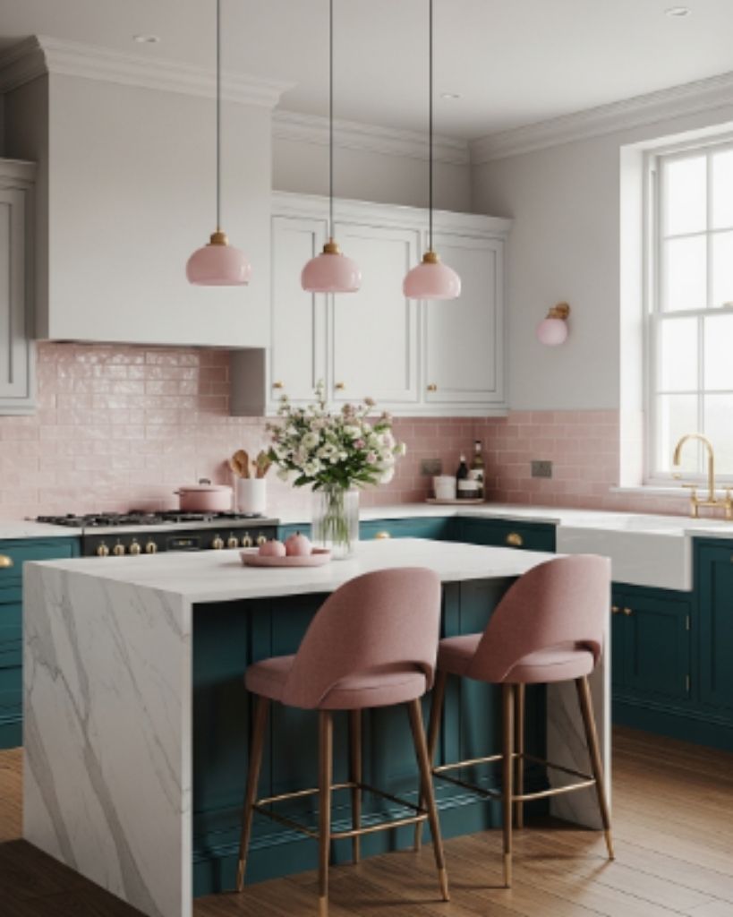 Teal Kitchen with Soft Pink Accents and Elegant Contrast