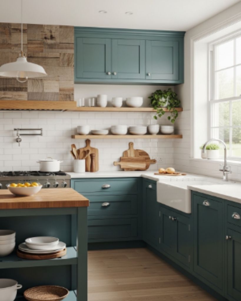 Teal Kitchen with Warm Wood Accents