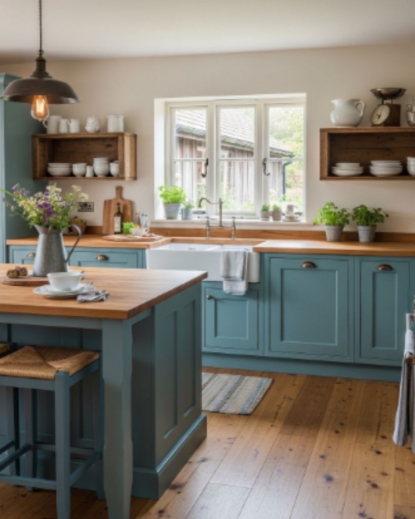 Teal Kitchen with Warm Wood and Classic Farmhouse Charm