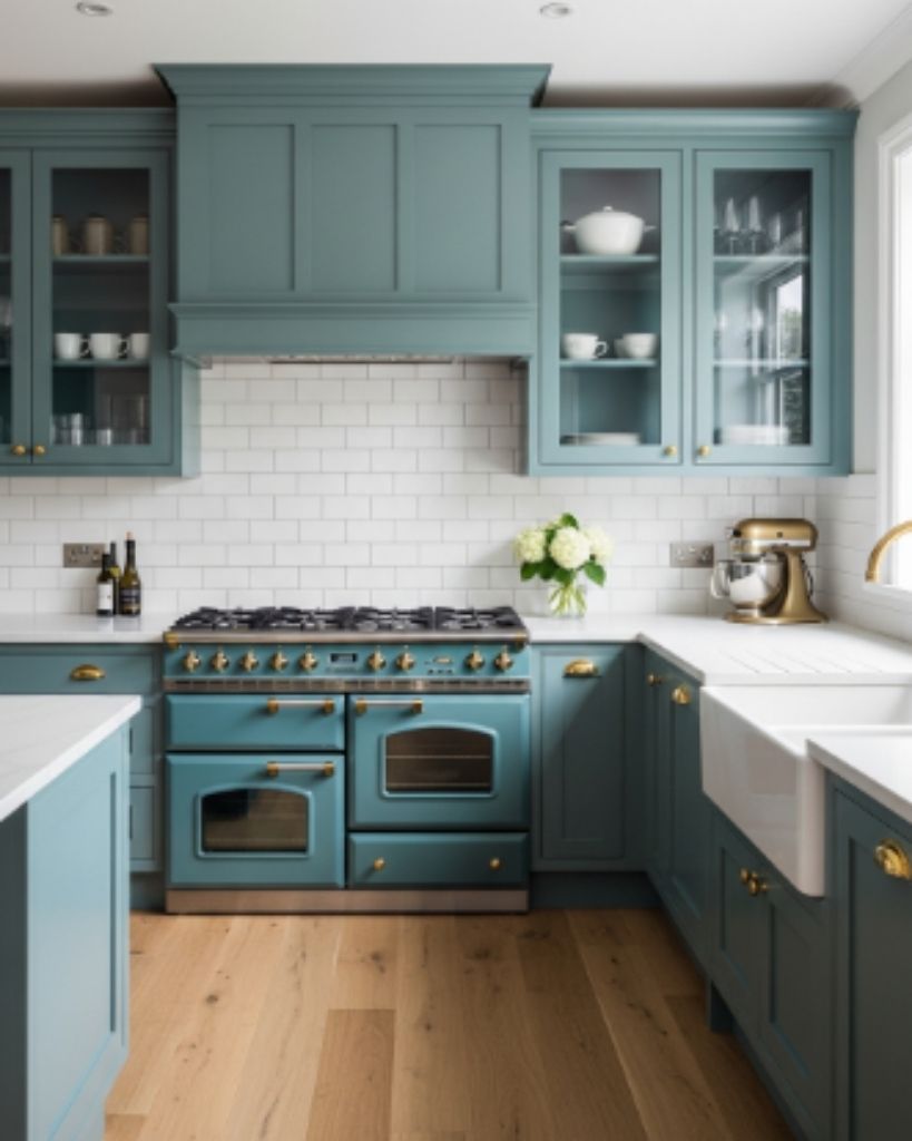 Teal Kitchen with White Tile and Timeless Elegance