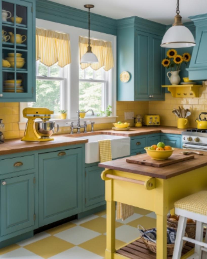Teal Kitchen with Yellow Accents and Classic Charm