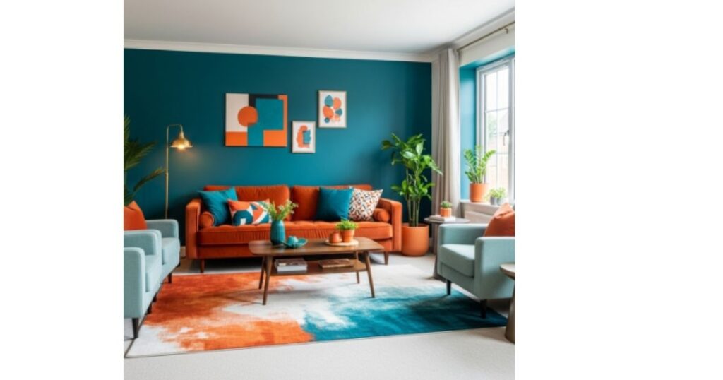 Vibrant Burnt Orange and Teal Living Room Design