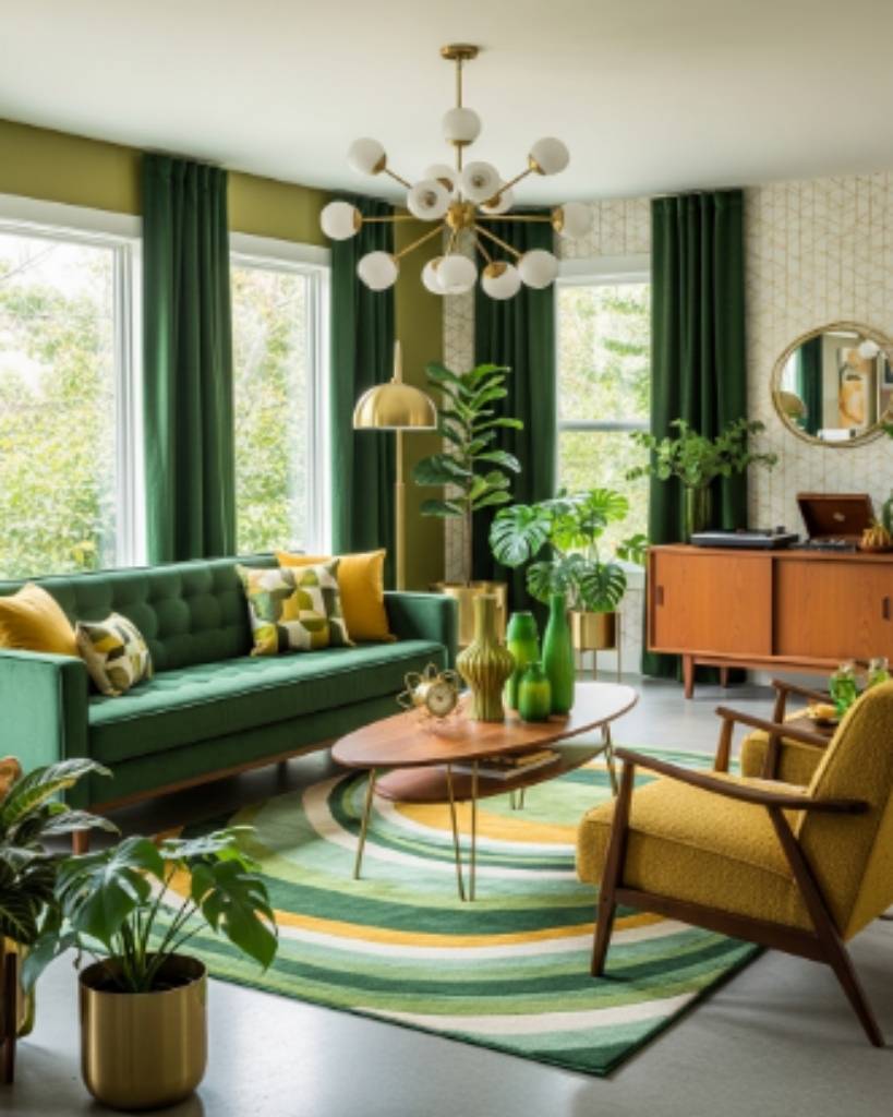 Vibrant Green and Gold Mid-Century Living Room