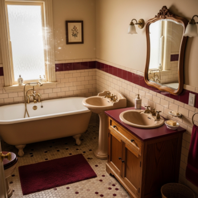 Vintage Beige and Burgundy Bathroom Charm