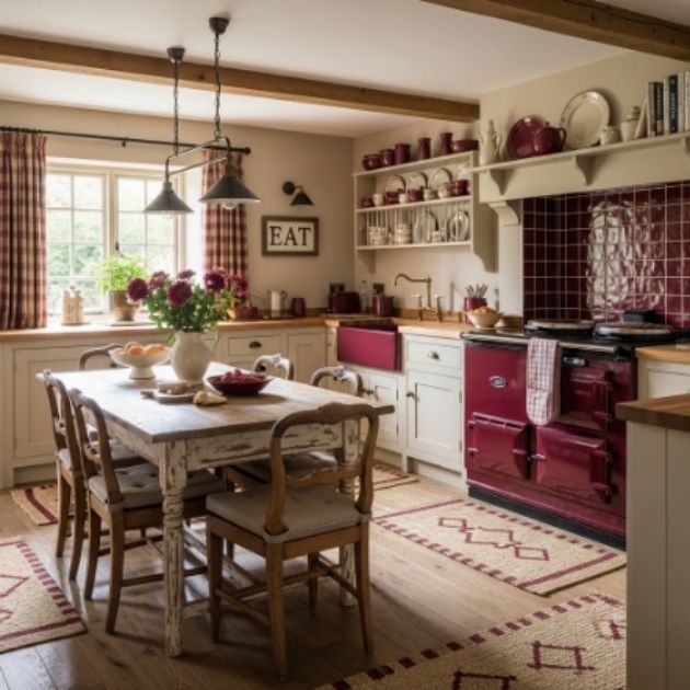 Warm Beige and Burgundy Kitchen with Timeless Farmhouse Charm