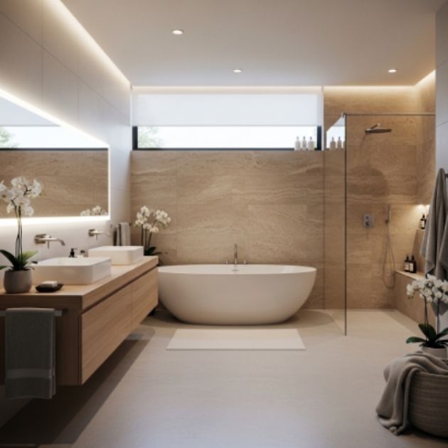 Warm Beige and Grey Bathroom with Modern Spa Style