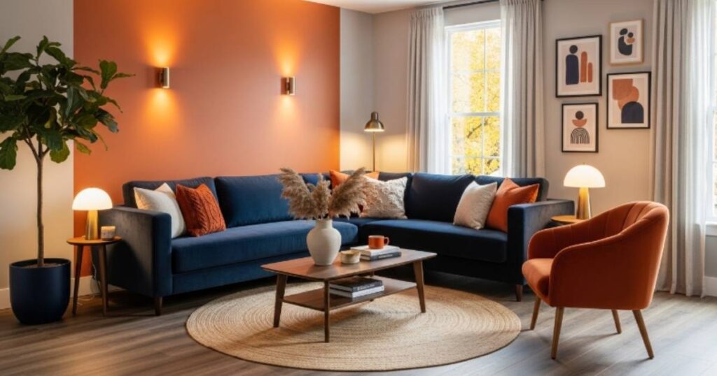 Warm and Modern Navy Blue and Burnt Orange Living Room