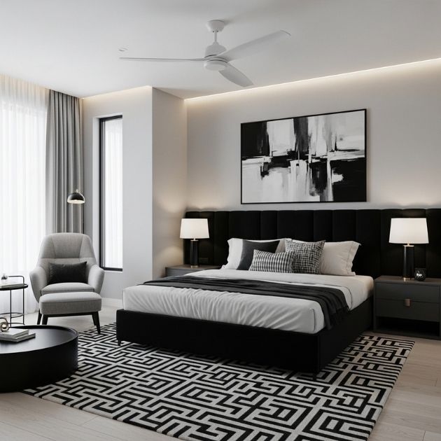 Balanced Black, White, and Gray Bedroom Design