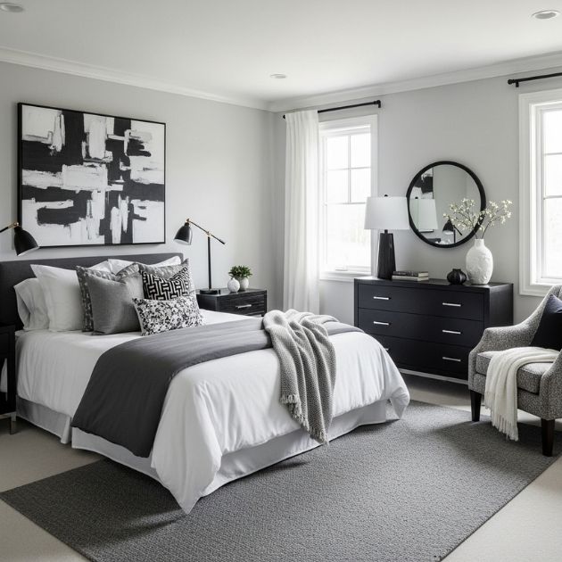 Balanced Black, White, and Gray Bedroom