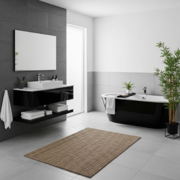 Black, White, and Gray Bathroom with Natural Accents