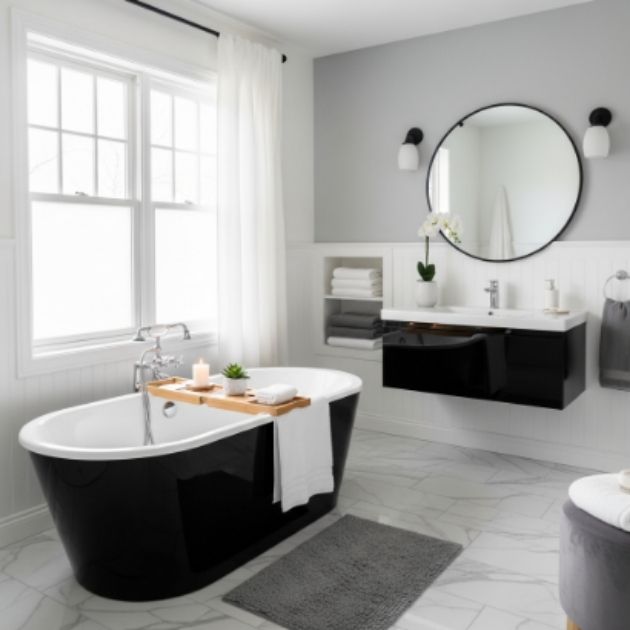 Bright Black, White, and Gray Bathroom with a Cozy Touch