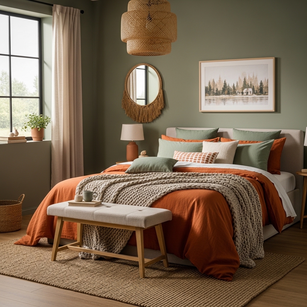 Nature-Inspired Burnt Orange and Sage Green Bedroom Style