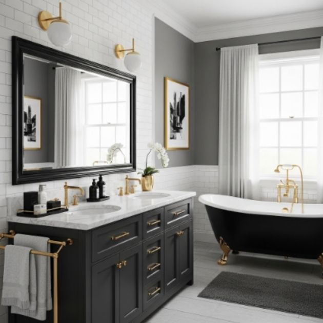 Chic Black, White, and Gray Bathroom with Gold Accents
