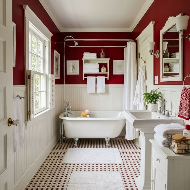Classic Red Bathroom With Crisp White Contrast