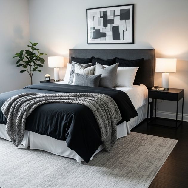 Cozy Black, White, and Gray Bedroom Design