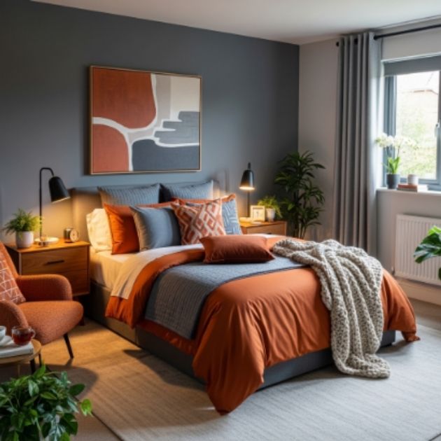 Cozy Burnt Orange and Slate Gray Bedroom Style