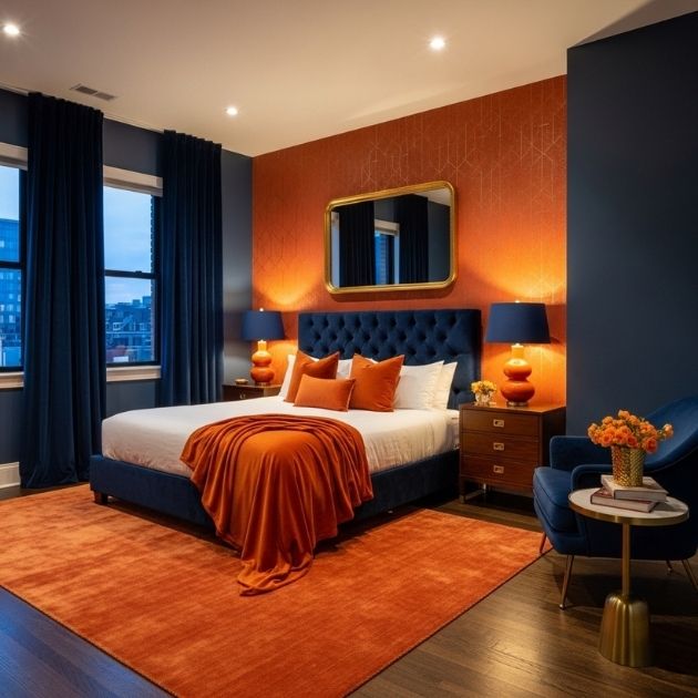 Luxurious Burnt Orange and Navy Blue Bedroom Style