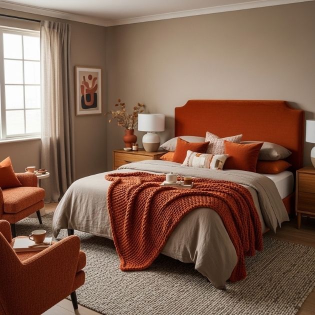 Cozy Burnt Orange and Taupe Bedroom Style