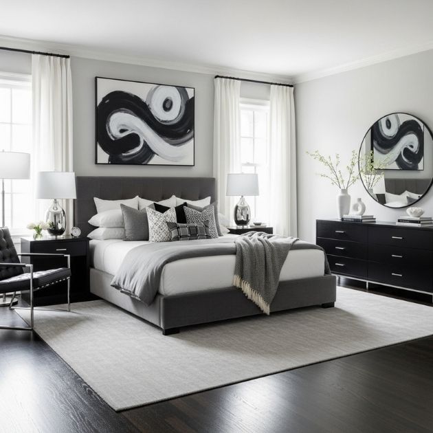 Elegant Black, White, and Gray Bedroom Style