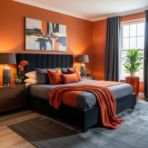 Elegant Burnt Orange Bedroom With Bold Contrast