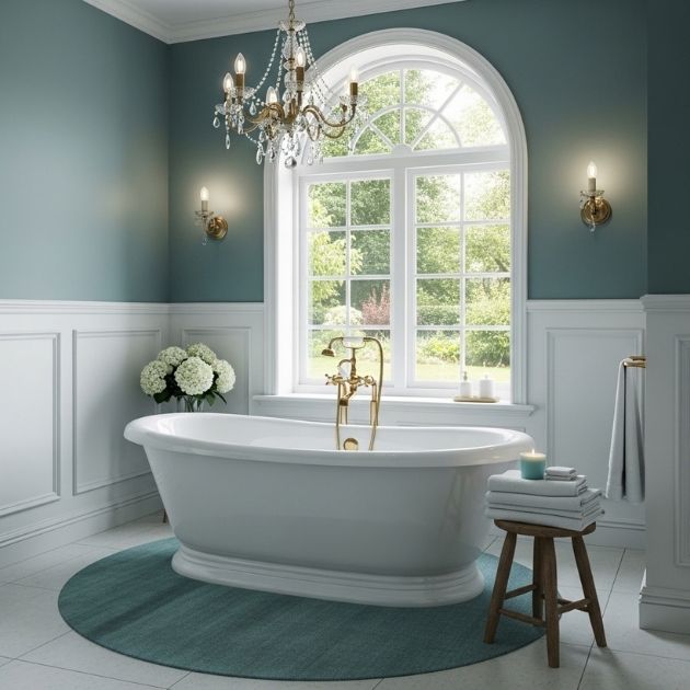 Elegant Teal Bathroom With Freestanding Tub
