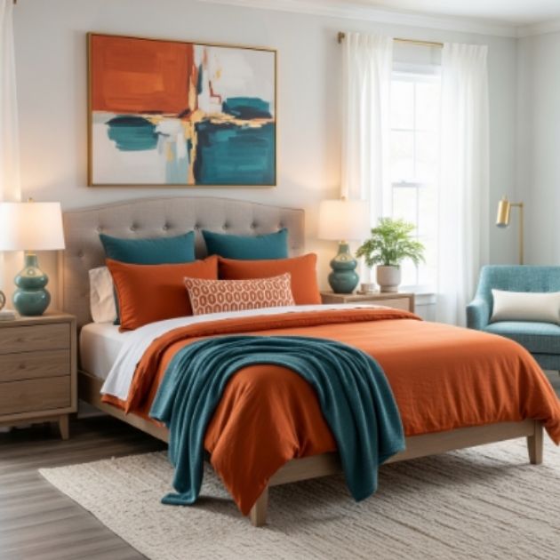 Fresh Burnt Orange and Teal Bedroom Design