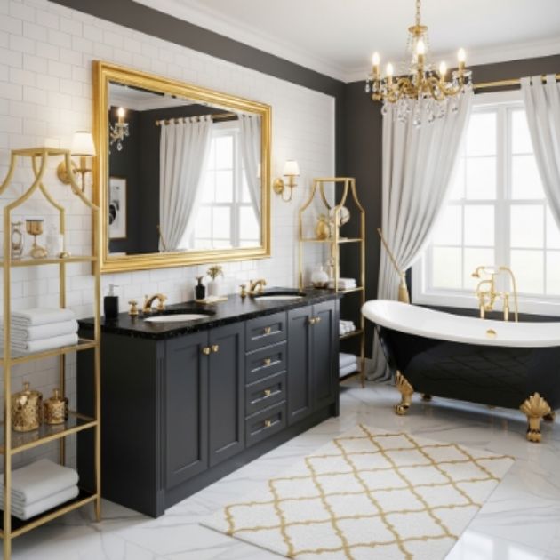 Glamorous Black, White, and Gray Bathroom with Gold Details