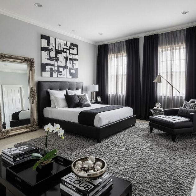 Glamorous Black, White, and Gray Bedroom Design