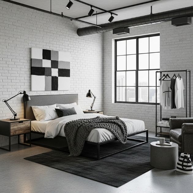 Industrial Black, White, and Gray Bedroom