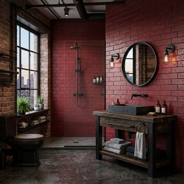 Industrial Red Bathroom With Dark Wood and Black Hardware