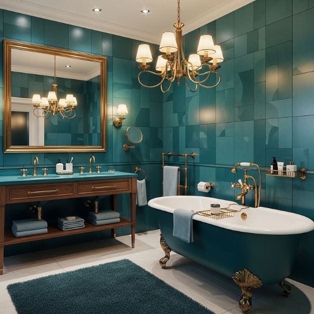Luxury Teal Bathroom With Classic Brass Details