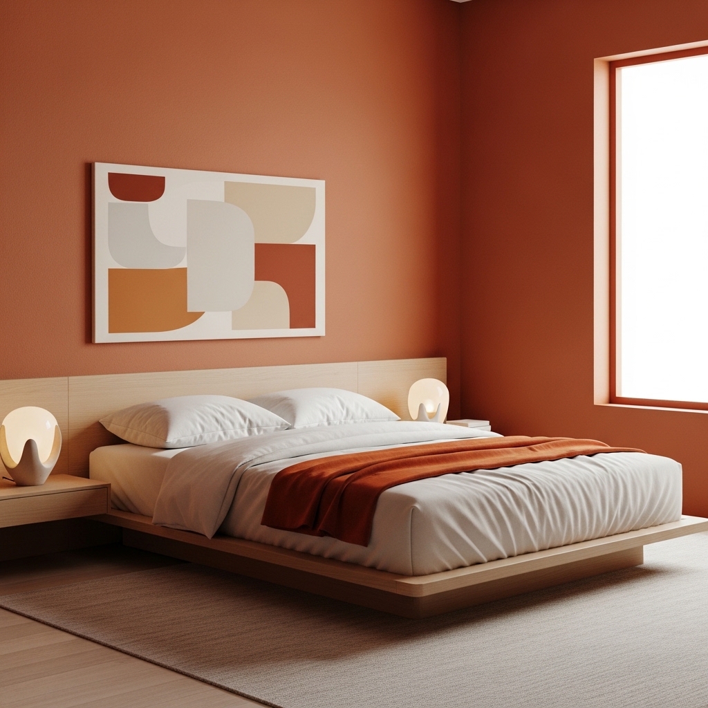 Minimalist Burnt Orange Bedroom With Clean Modern Lines